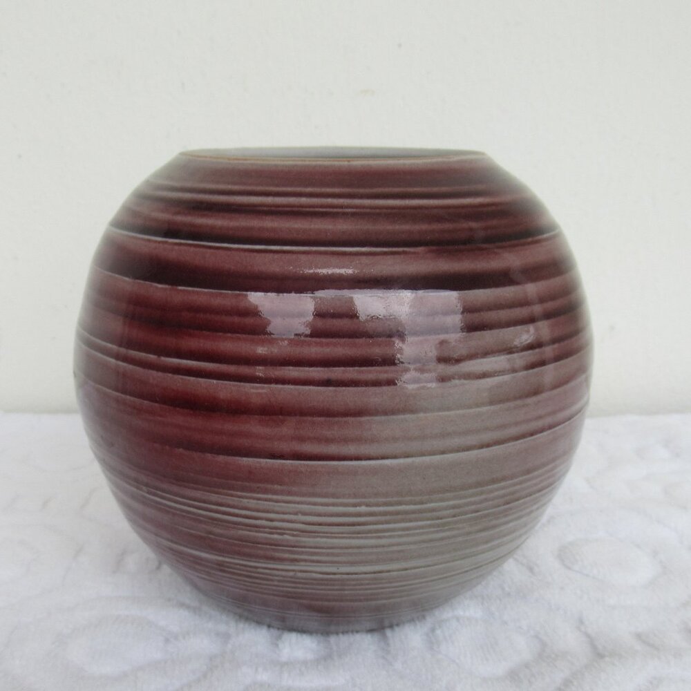 Handmade Studio Pottery Round Circular Vase Burgundy and Gray 5" Tall x 6" Wide